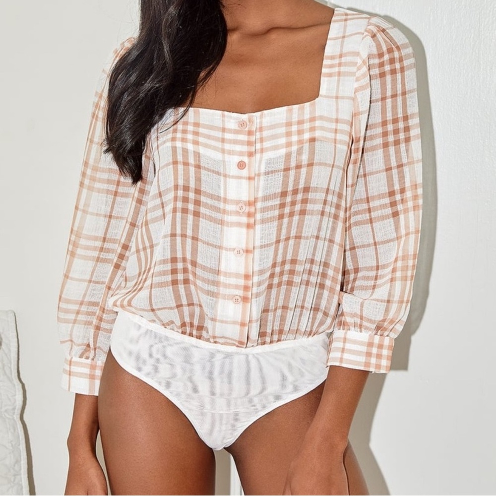 Lulus white and orange plaid bodysuit - Picture 2 of 6